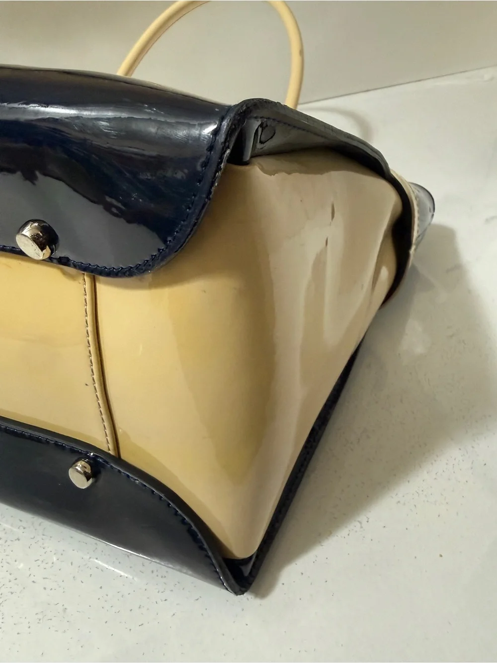 L.K Baanet Italian Patent Navy and Cream Tote Handbag